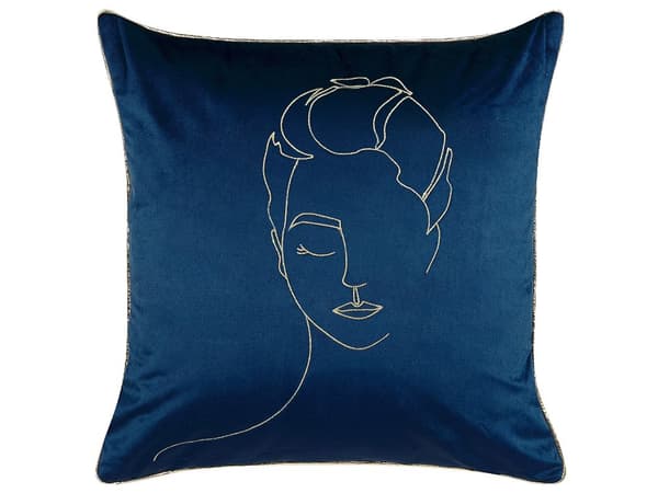 Set med 2 Prydnadskuddar Blå och Guld Sammet 45 x 45 cm Ansiktsmotiv Glamour Dekortillbehör