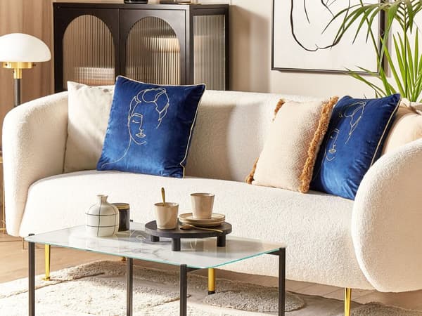 Set med 2 Prydnadskuddar Blå och Guld Sammet 45 x 45 cm Ansiktsmotiv Glamour Dekortillbehör