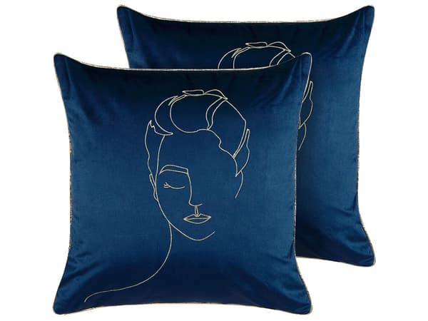 Set med 2 Prydnadskuddar Blå och Guld Sammet 45 x 45 cm Ansiktsmotiv Glamour Dekortillbehör
