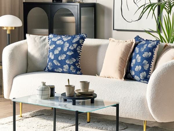 Set med 2 Prydnadskuddar Mörkblå Polyester 45 x 45 cm Lövtryck Ginkgo Biloba Glamour Pompoms Dekortillbehör