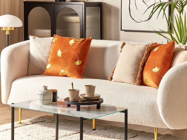 Set med 2 Prydnadskuddar Orange Sammet 45 x 45 cm Bladtryck Guld Folietryck Glamour Dekortillbehör