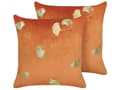 Miniatyrbild 1 av 7: Set med 2 Prydnadskuddar Orange Sammet 45 x 45 cm Bladtryck Guld Folietryck Glamour Dekortillbehör