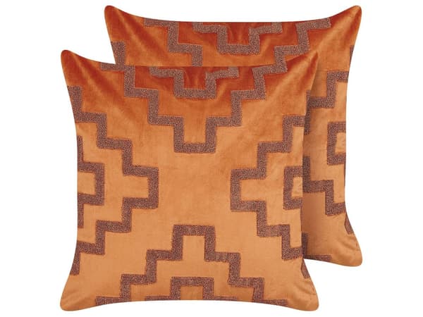 Set med 2 Prydnadskuddar Orange Sammet 45 x 45 cm Geometriskt Mönster Glamour Dekortillbehör