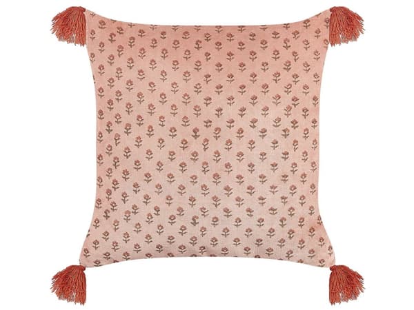 Prydnadskudde Rosa Sammet och Bomull 45 x 45 cm Blommigt Mönster Blocktryckt Bohemisk Dekor Tillbehör