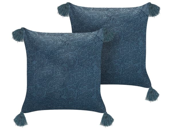 Set med 2 Prydnadskuddar Mörkblå Sammet och Bomull 45 x 45 cm Blommigt Mönster Blocktryckt Bohemisk Dekor Tillbehör