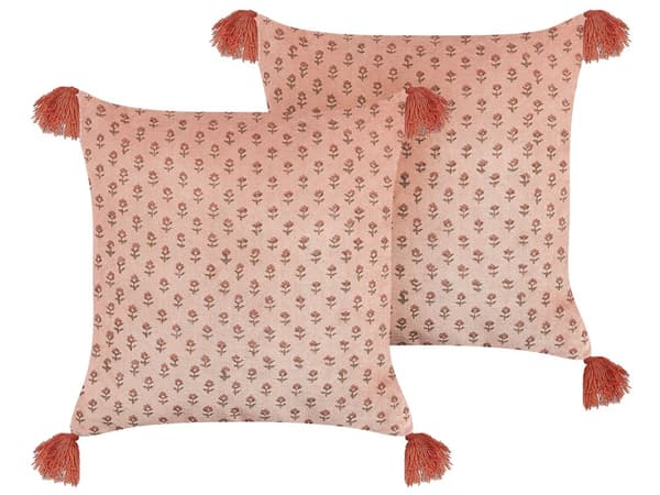 Set med 2 Prydnadskuddar Rosa Sammet och Bomull 45 x 45 cm Blommigt Mönster Blocktryckt Bohemisk Dekor Tillbehör