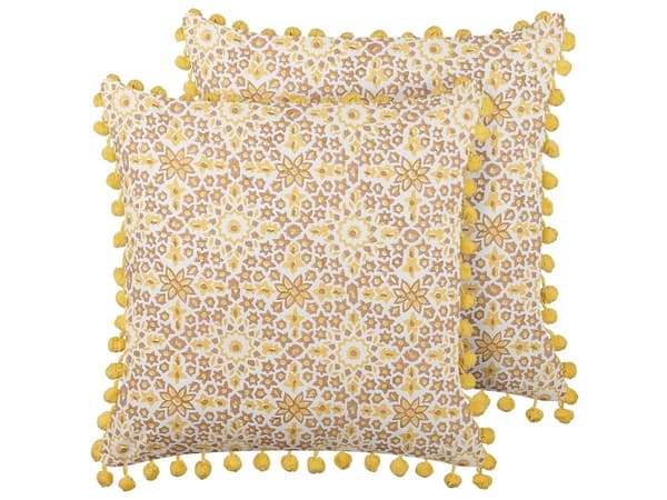 Set med 2 Prydnadskuddar Gul Bomull 45 x 45 cm Geometriskt Mönster Blocktryck med Pom Poms Boho Dekor Hemtillbehör