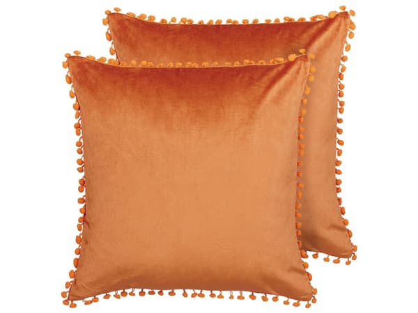 Sett med 2 Pynteputer Oransje Fløyel 45 x 45 cm Glam Retro Mini Pom Poms