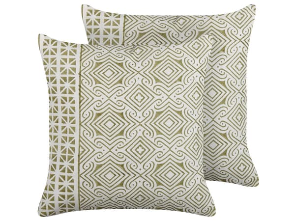 Set med 2 Prydnadkuddar Grön och Vit 45 x 45 cm Handblockstryck Avtagbara Kuddfodral Dragkedja Orientaliskt Mönster