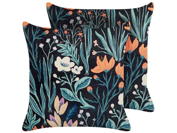 Set med 2 Dekorativa Kuddar Svart Grön Bomull 45 x 45 cm Sammet Blommigt Motiv Fransar Modern Glamour Dekor