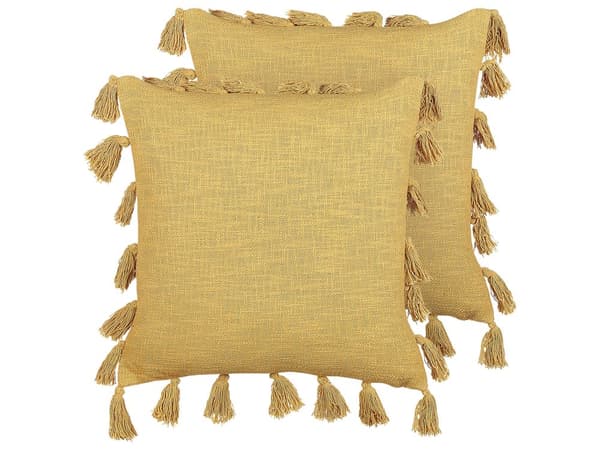 Set med 2 Dekorativa Kuddar Gul Bomull 45 x 45 cm med Tofsar Modern Bohemisk Dekor Tillbehör