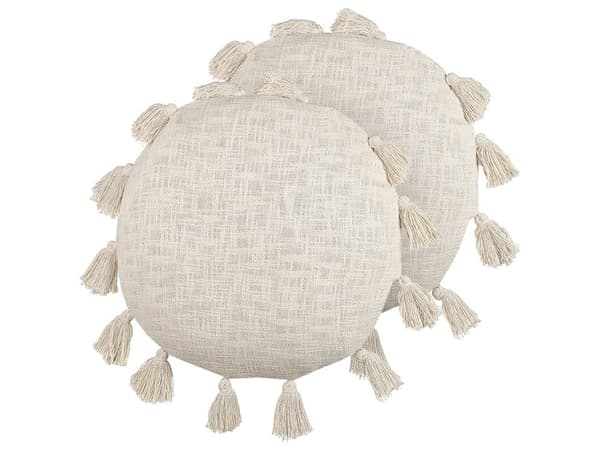 Set med 2 Dekorativa Kuddar Beige Bomull 45 cm Rund med Tofsar Modern Bohemisk Dekor Tillbehör