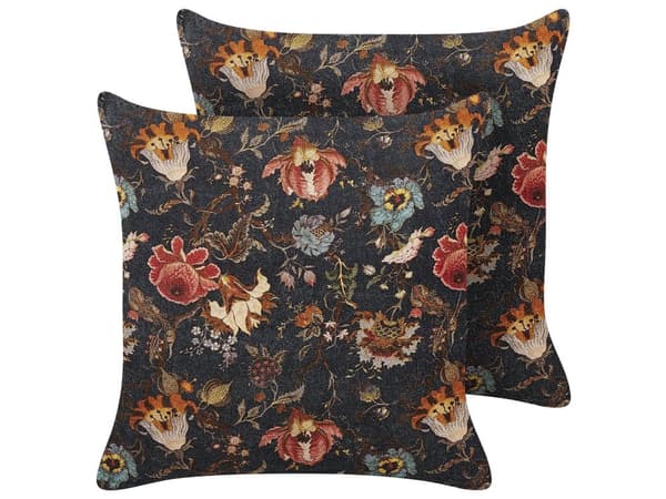 Set med 2 Dekorativa Kuddar Flerfärgad Bomull 45 x 45 cm Sammet Blommigt Motiv Fransar Modern Glamour Dekor