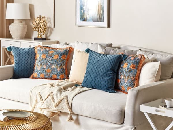 Dekorativ Kudde Blå Orange Bomull 45 x 45 cm Sammet Blommigt Motiv Fransar Modern Glamour Dekor