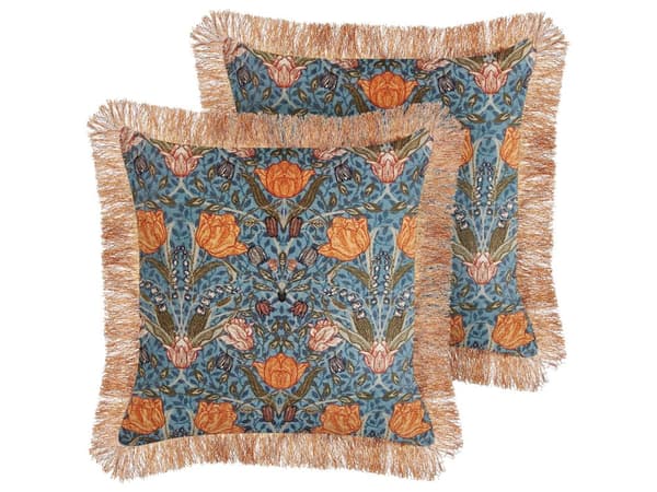 Set med 2 Dekorativa Kuddar Blå Orange Bomull 45 x 45 cm Sammet Blommigt Motiv Fransar Modern Glamour Dekor