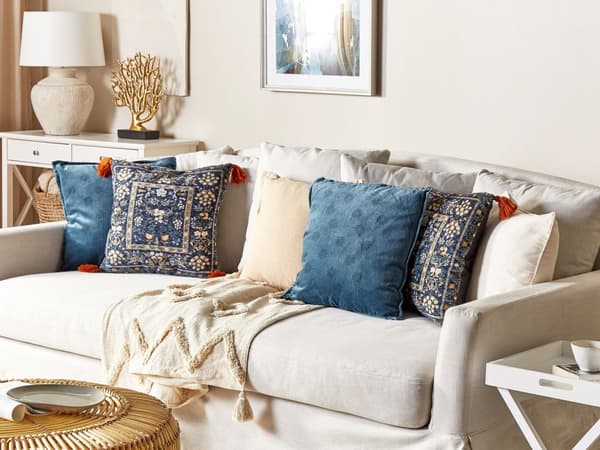 Set med 2 Dekorativa Kuddar Flerfärgad Bomull 45 x 45 cm Sammet Blommigt Motiv Fransar Modern Glamour Dekor