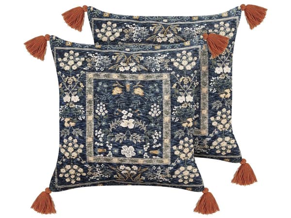 Set med 2 Dekorativa Kuddar Flerfärgad Bomull 45 x 45 cm Sammet Blommigt Motiv Fransar Modern Glamour Dekor