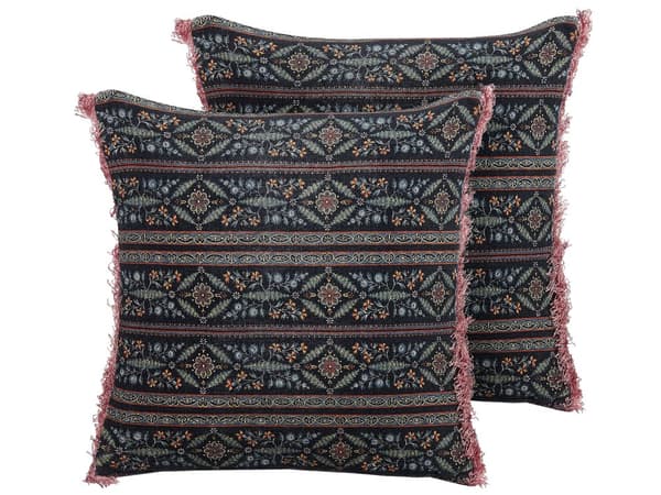 Set med 2 Dekorativa Kuddar Flerfärgad Bomull 45 x 45 cm Sammet Blommigt Motiv Fransar Modern Glamour Dekor