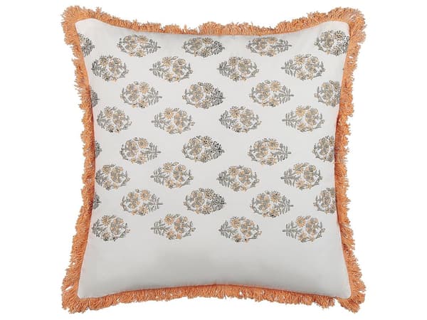 Prydnadskudde Vit och Orange Bomull 45 x 45 cm Blommönster Tofsar Handgjord Avtagbart Överdrag med Fyllning Boho Stil