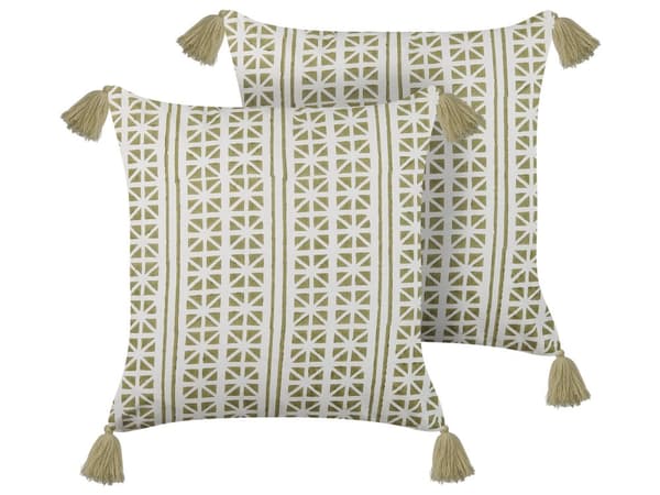 Set med 2 Prydnadskuddar Grön och Vit 45 x 45 cm Handblockstryck Avtagbara Fodral Dragkedja Bohemiskt Mönster