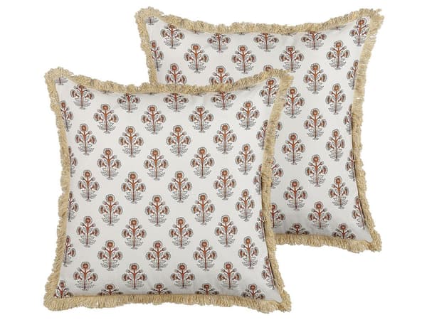 Sett med 2 pynteputer Hvit Bomull 45 x 45 cm Blomstermønster Dekorative frynser Tilbehør Dekorasjon Boho Retro