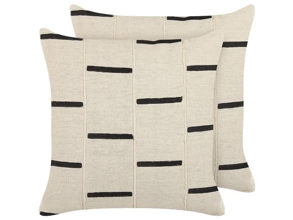 Set med 2 st prydnadskuddar Beige och svart bomull 45 x 45 cm Randigt geometriskt mönster Handgjort avtagbart överdrag med fyllning