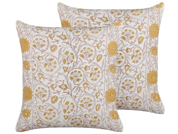 Set med 2 Prydnadskuddar Vit och Gul Bomull 45 x 45 cm Blommönster Handgjort Avtagbart Fodral med Fyllning Boho Stil