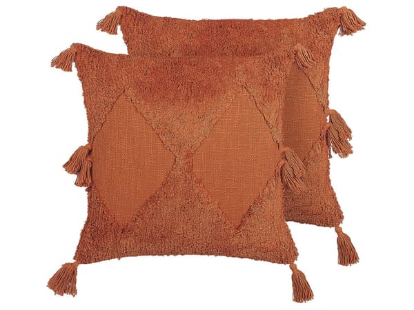 Set med 2 Prydnadskuddar Orange Bomull 45 x 45 cm Geometriskt Mönster Tofsar Avtagbart Överdrag med Fyllning Boho Stil Vardagsrum