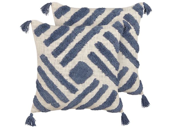 Sett med 2 Pynteputer Beige Blå Bomull 45 x 45 cm Geometrisk Mønster Blokktrykt Boho Dekortilbehør