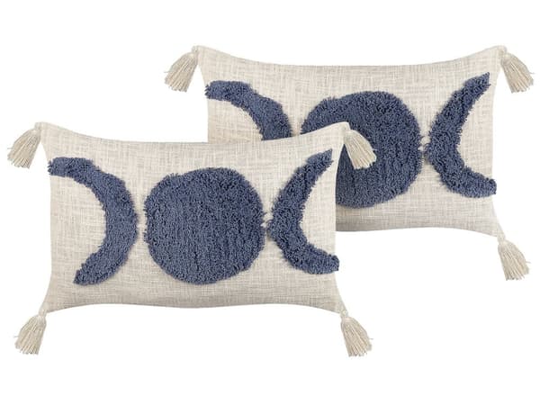 Sett med 2 Pynteputer Beige Blå Bomull 35 x 55 cm Geometrisk Mønster Blokktrykt Boho Dekortilbehør