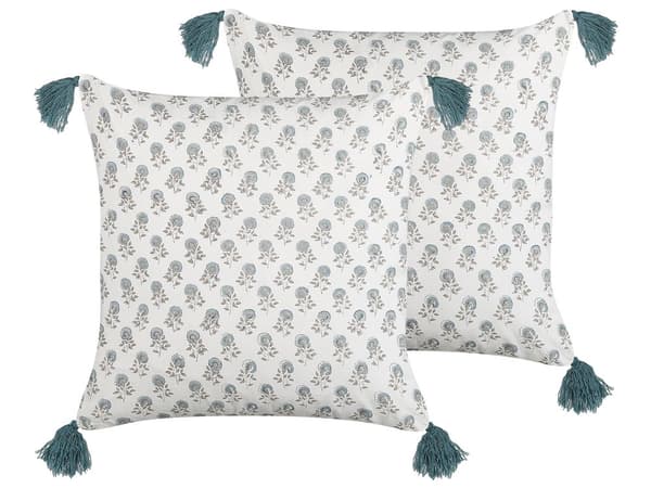 Sett med 2 Pynteputer Hvit Blå Bomull 45 x 45 cm Geometrisk Mønster Blokktrykt Boho Dekortilbehør