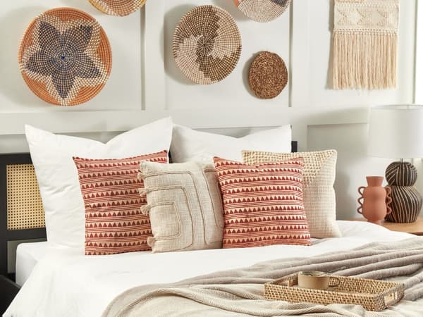 Pyntepute Rød Beige Bomull 45 x 45 cm Geometrisk Mønster Dusker Blokktrykt Boho Dekortilbehør