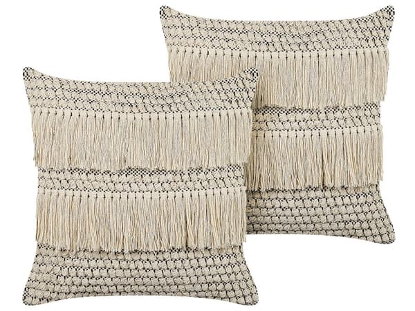 Set med 2 Dekorativa Kuddar Beige Bomull 45 x 45 cm med Tofsar Bohemisk Dekor Tillbehör