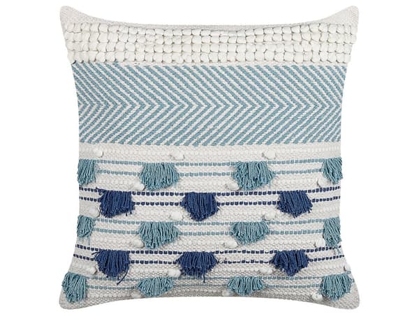 Set med 2 Dekorativa Kuddar Vit och Blå Bomull 45 x 45 cm med Tofsar Bohemisk Dekor Tillbehör