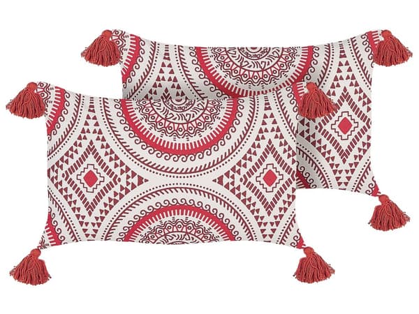 Sett med 2 Pynteputer Rød Hvit Bomull 30 x 50 cm Geometrisk Mønster Håndvevde Avtakbare Trekk Orientalsk