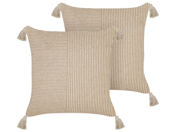 Set med 2 Prydnadskuddar Beige Bomull 45 x 45 cm Kuddfodral Tofsar Geometriskt Mönster med Polyesterfyllning