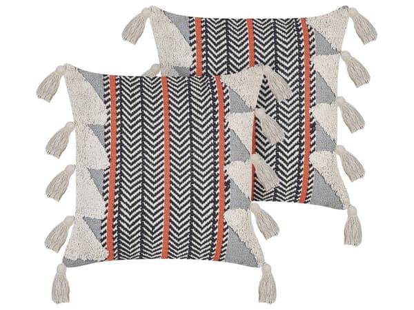 Set med 2 Prydnadskuddar Flerfärgad Bomull 45 x 45 cm med tofsar Boho Vintage Chevron-mönster Vardagsrum Sovrum