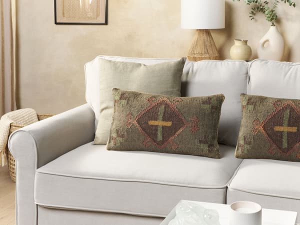 Set med 2 Prydnadskuddar Grön Jute och Ull 35 x 50 cm Orientaliskt Mönster Kelimstil Bleka Färger Vardagsrum Sovrum