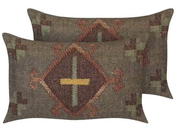 Set med 2 Prydnadskuddar Grön Jute och Ull 35 x 50 cm Orientaliskt Mönster Kelimstil Bleka Färger Vardagsrum Sovrum