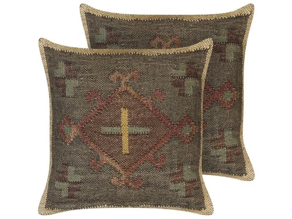 Set med 2 Prydnadskuddar Grön Jute och Ull 45 x 45 cm Orientaliskt Mönster Kelimstil Bleka Färger Vardagsrum Sovrum