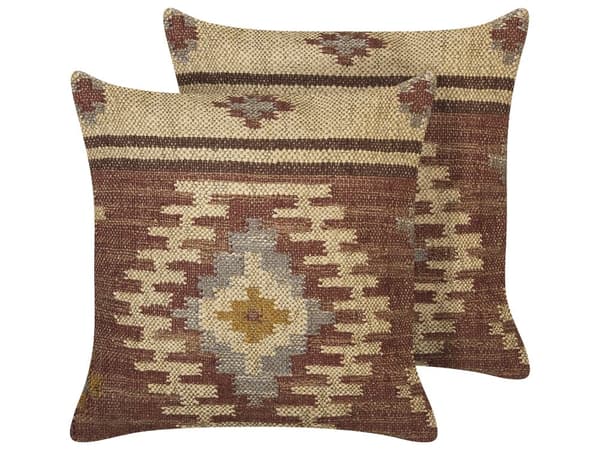 Set med 2 Prydnadskuddar Flerfärgad Jute Bomull 45 x 45 cm Geometriskt Mönster Handgjord Avtagbart Överdrag med Fyllning