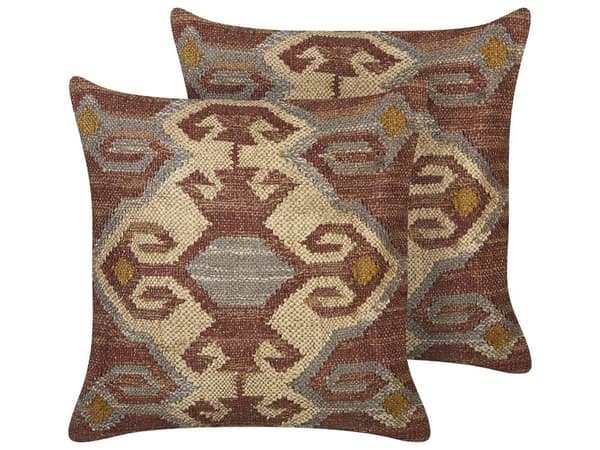 Set med 2 Prydnadskuddar Flerfärgad Jute Bomull 45 x 45 cm Geometriskt Mönster Handgjort Avtagbart Överdrag med Fyllning