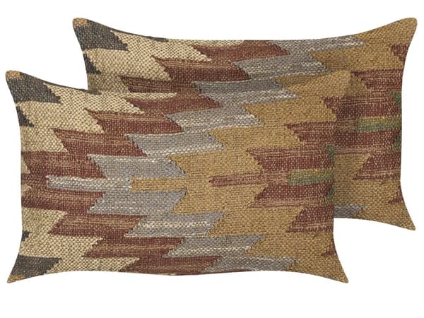Set med 2 Prydnadskuddar Flerfärgad Jute Bomull 30 x 50 cm Geometriskt Mönster Handgjort Avtagbart Överdrag med Fyllning