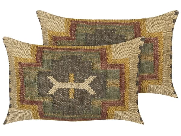 Set med 2 Prydnadskuddar Flerfärgad Jute Bomull 30 x 50 cm Geometriskt Mönster Handgjord Avtagbart Fodral med Fyllning