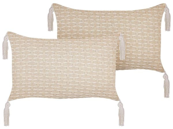 Set med 2 st Prydnadskuddar Ljusbeige 25 x 45 cm Geometriskt Mönster Tofsar Avtagbart Överdrag med Fyllning Vardagsrum