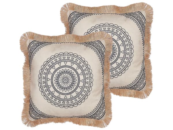 2 Prydnadskuddar Beige Polyester Fodral 45 x 45 cm Bohemiskt Tryck Dekorativa Tofsar Vardagsrum Tillbehör