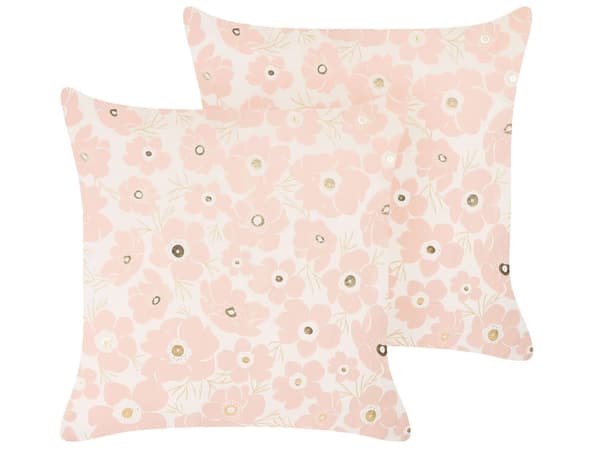 Sett med 2 Pynteputer Beige Rosa Fløyel 45 x 45 cm Blomstermønster Blomstermotiv Avtakbart trekk med fylling