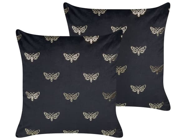 Set med 2 Prydnadskuddar Svart Sammet 45 x 45 cm Kudde Fjärilsmönster Avtagbara Fodral med Fyllning