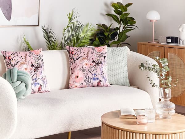 Set med 2 Prydnadskuddar Rosa Sammet 45 x 45 cm Kudde Blommigt Mönster Avtagbara Fodral med Fyllning
