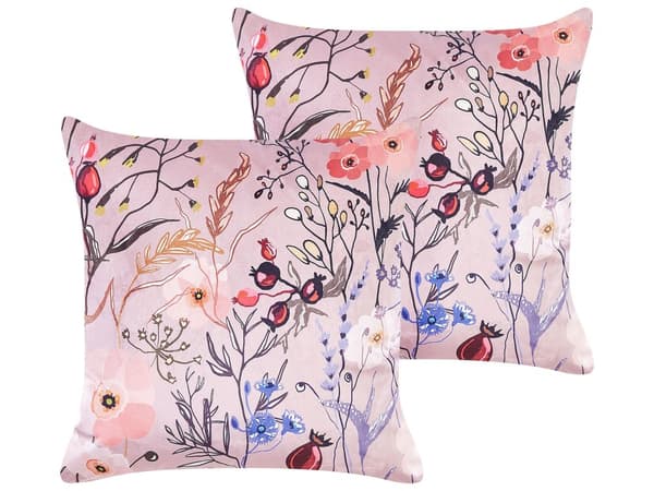 Set med 2 Prydnadskuddar Rosa Sammet 45 x 45 cm Kudde Blommigt Mönster Avtagbara Fodral med Fyllning